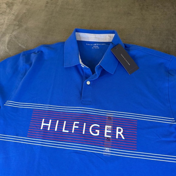 Tommy Hilfiger Polo Shirt Mens Extra Large Blue Graphic Logo Short Sleeve NWT - Picture 1 of 10